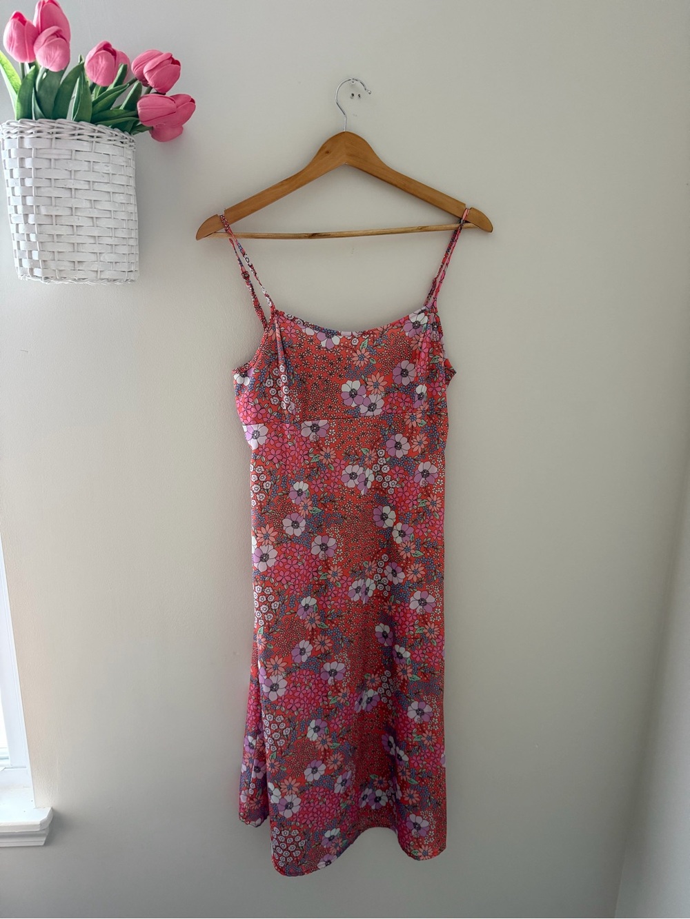Pink Floral Midi Slip Dress with Spaghetti Straps